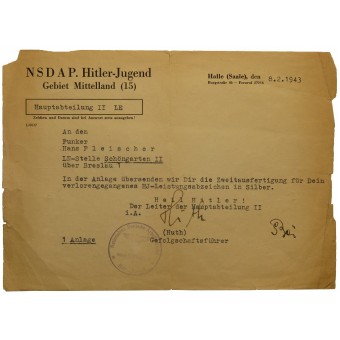 Silver class HJ-Leistungsabzeichen badge certificate for duplicate issue. Espenlaub militaria
